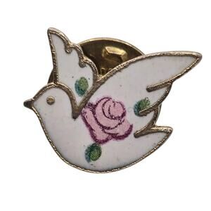 Dove Rose Enamel Lapel Pin White Gold Tone Peace Butterfly Clutch Minimalist